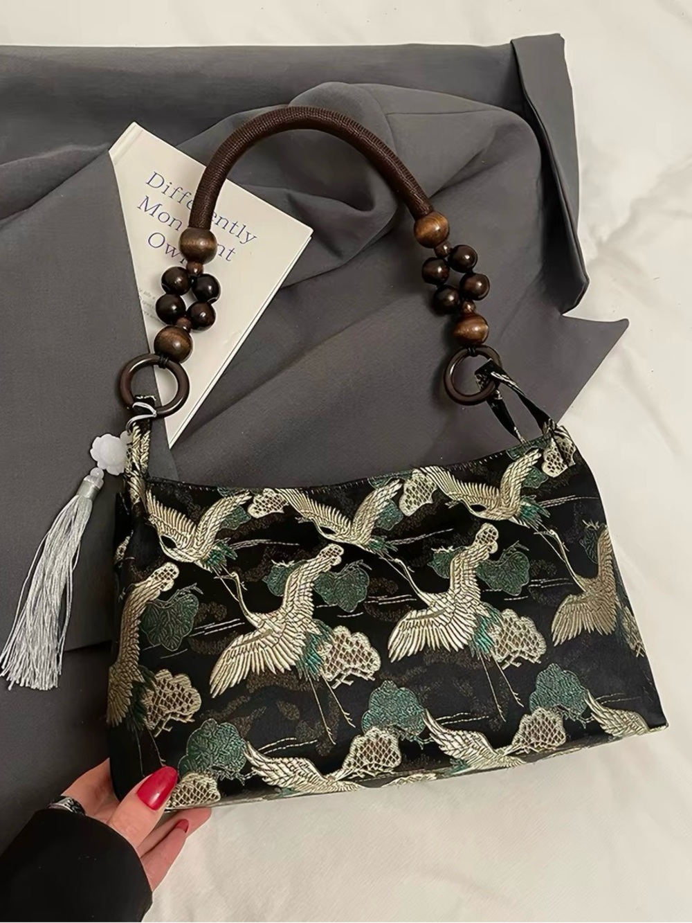 NWT Chinese style Elegant Black Embroidered Crane Shoulder Bag
